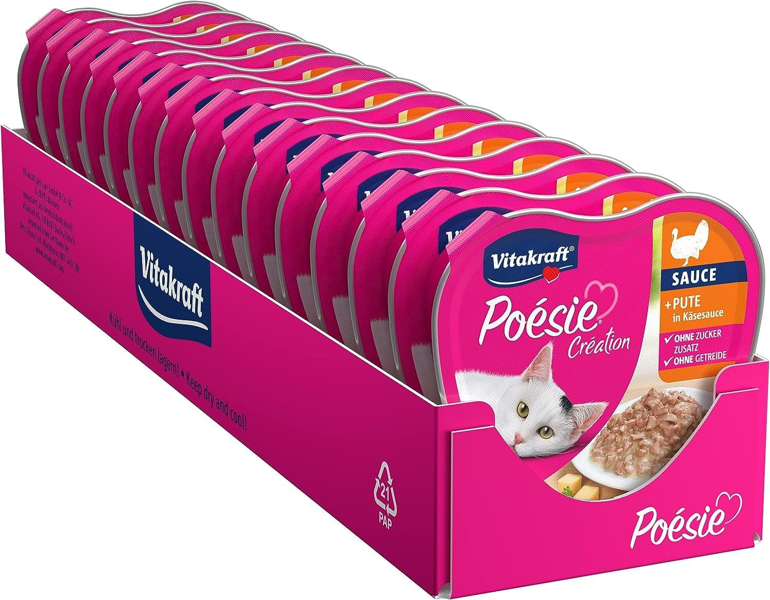 Vitakraft Poésie Création, Nassfutter für Katzen, Nassfutter für Katzen in Soße, mit Truthahn in Käsesoße, Multipack, ohne Zusatz von Zucker oder Getreide (15 x 85 g)