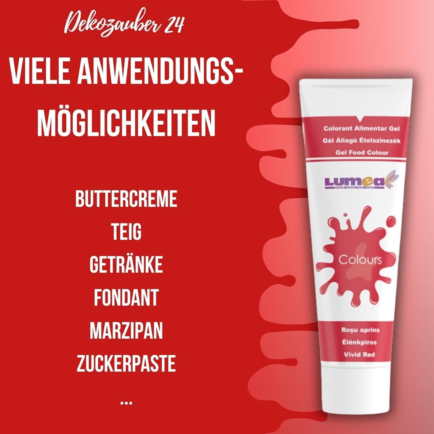 Dekozauber 24 rote Lebensmittelfarbe, Gel, 30 g, vegan, zuckerfrei, hochkonzentriert, rote Lebensmittelfarbe für Fondant, Buttercreme, Getränke und mehr