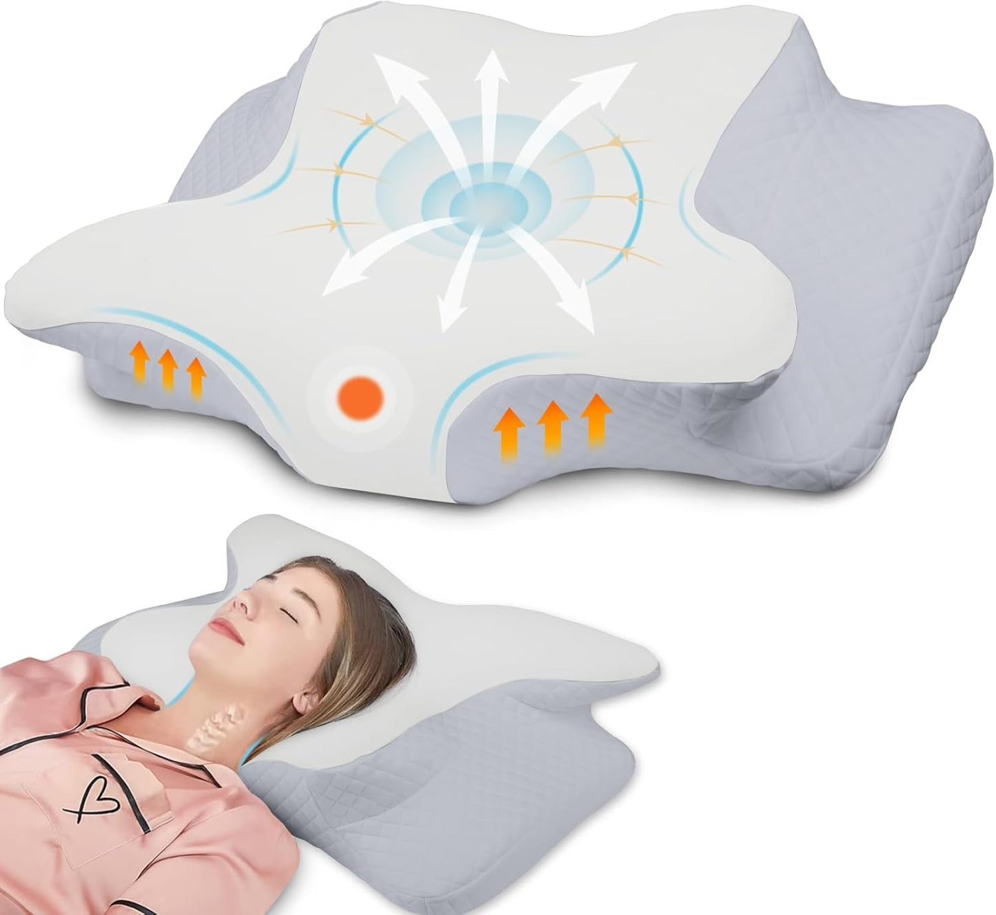 NVKHG Memory-Schaum-Kissen, ergonomisches Nackenkissen, Kopfkissen, Memory-Schaum-Kissen, Kopfkissen für Seiten-, Rücken- und Bauchschläfer zur Verbesserung der Schlafqualität, 60 x 41 x 13/11 cm, orthopädische Nackenkissen, Naty Shop, Grau, Weiß