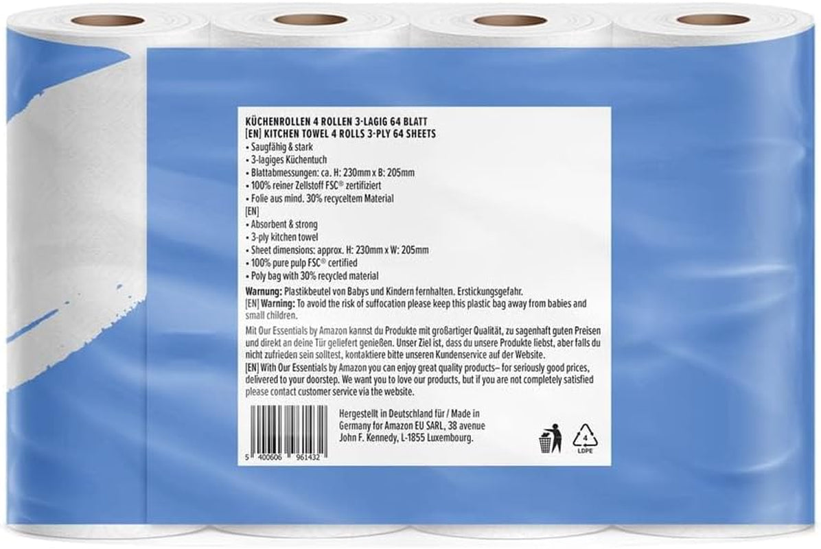 Küchenrolle von Amazon, 3-lagig, 16 Rollen (4 Rollen, 4er-Packung), 64 Blatt pro Rolle, FSC-zertifiziert