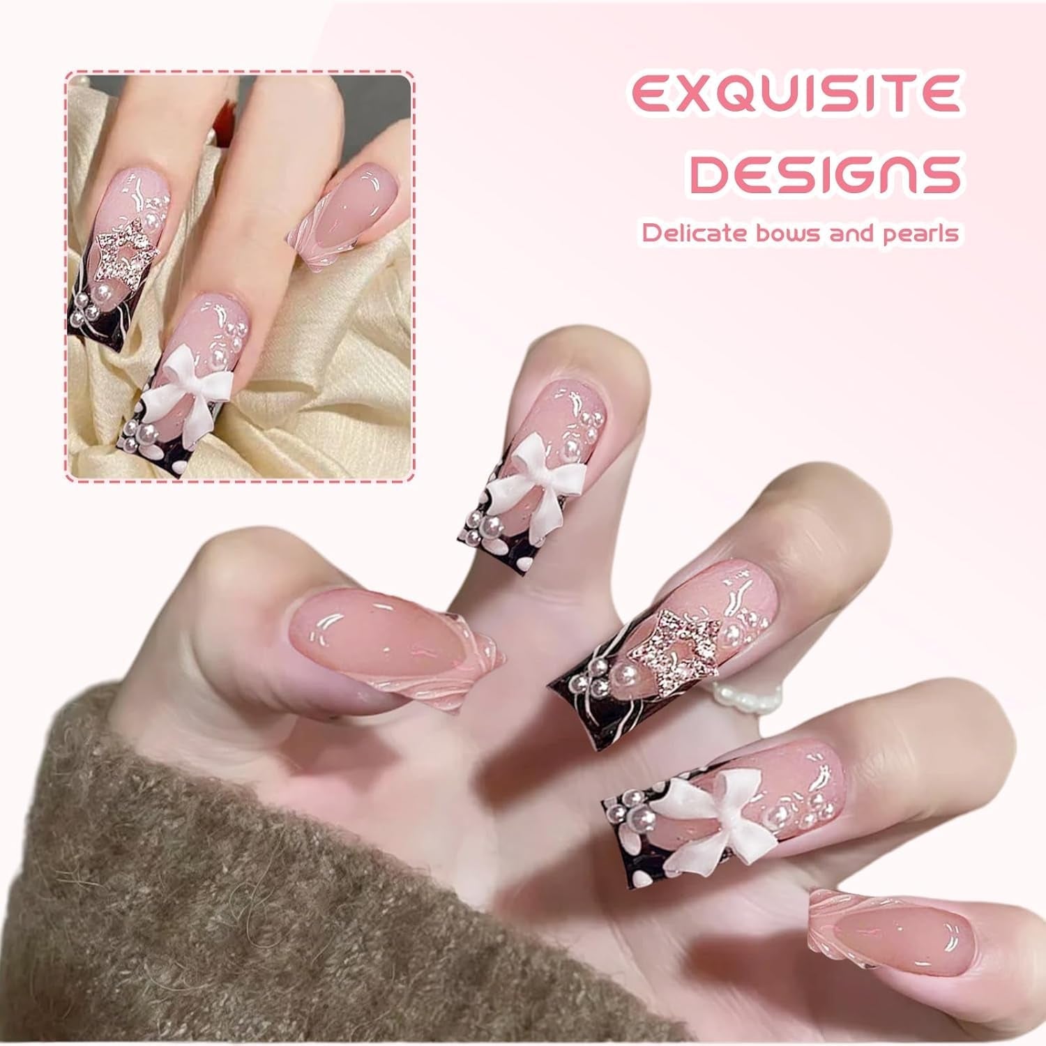 24 Stück mittellange 3D-Kunstnägel mit Strass, rosa, quadratisch, Perle, Glitzer, für Frauen und Mädchen