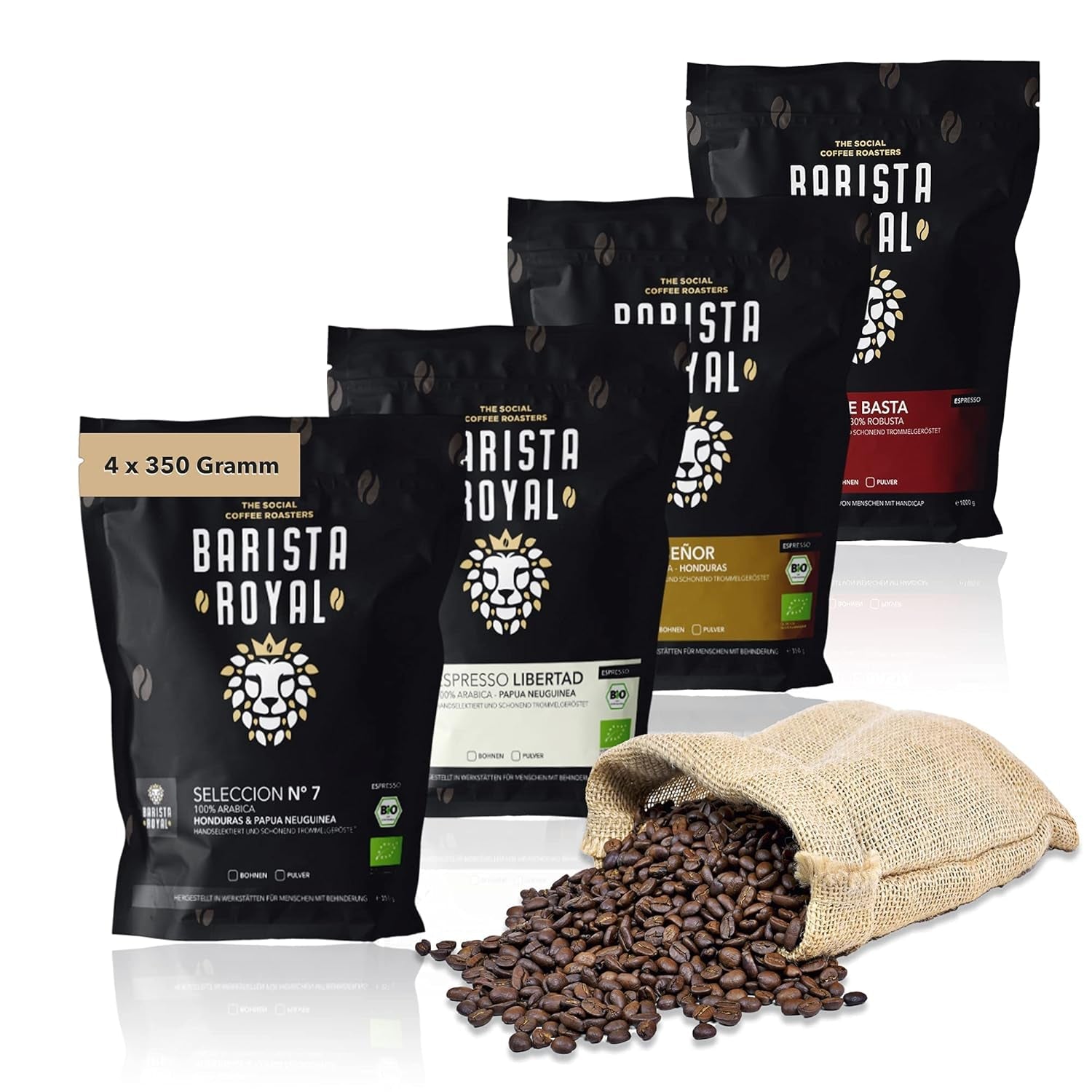 Probierset Espressobohnen 4 x 350g Espressobohnen | Entdeckungspaket/Probepaket | Robusta und Arabica | Ideal für Vollautomaten und Siebträger | KÖNIGLICHER BARISTA