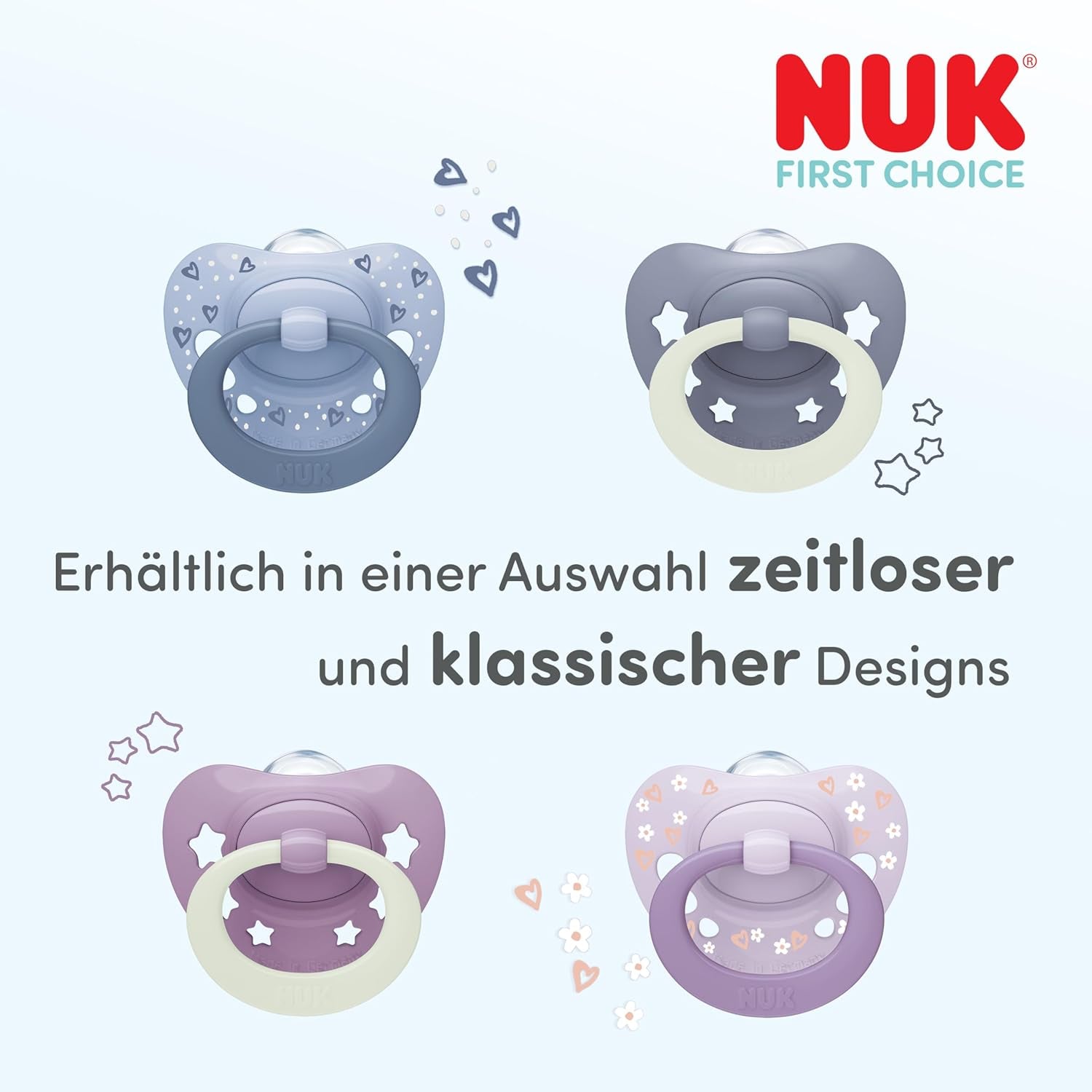 NUK First Choice Classic Tag- und Nachtschnuller für Babys | 6-18 Monate | Kieferorthopädische Schnuller, die im Dunkeln leuchten | 95 % Akzeptanz bei Babys** | Blau | 2 Stück
