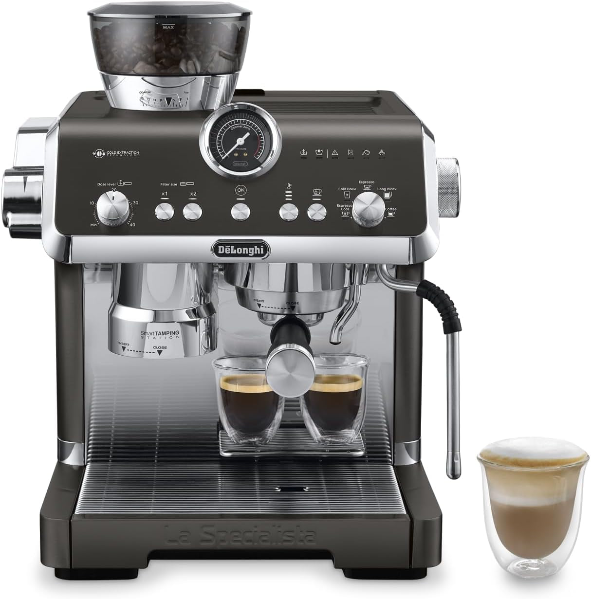 De'Longhi La Specialista Arte EC9155.MB Siebträger-Espressomaschine mit Mahlwerk, 8 Mahlgradeinstellungen, 15 bar Druck, 3 Temperatureinstellungen, Milchaufschäumer, 1550 W, 1,7 l Tank, Edelstahl/Schwarz, inklusive Barista-Kit