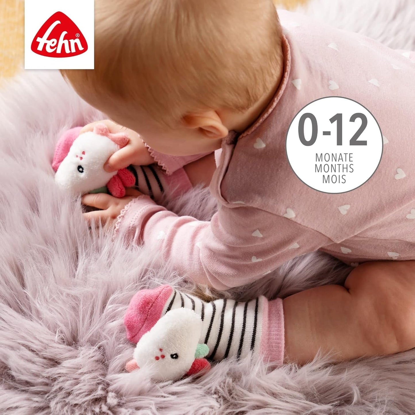 Fehn Spielhandschuh Safari – Affen- und Elefantenbaby-Fingerpuppen & Einhorn-Babyglockensocken – Babysocken mit Klingelfunktion und Einhornkopf – stimulieren Motorik und Sinne Bebe Toys Naty Shop