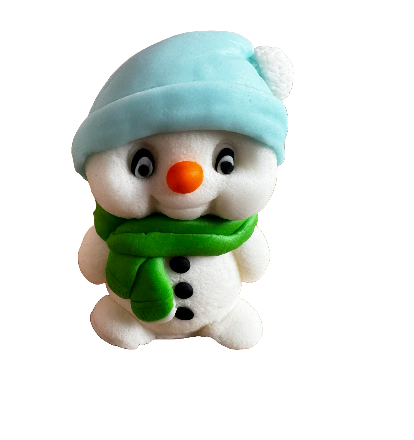 Essbare Dekoration aus Zuckerpaste, Schneemann mit grünem Schal und blauer Mütze. Dekorationen von Sugar Paste Naty Shop