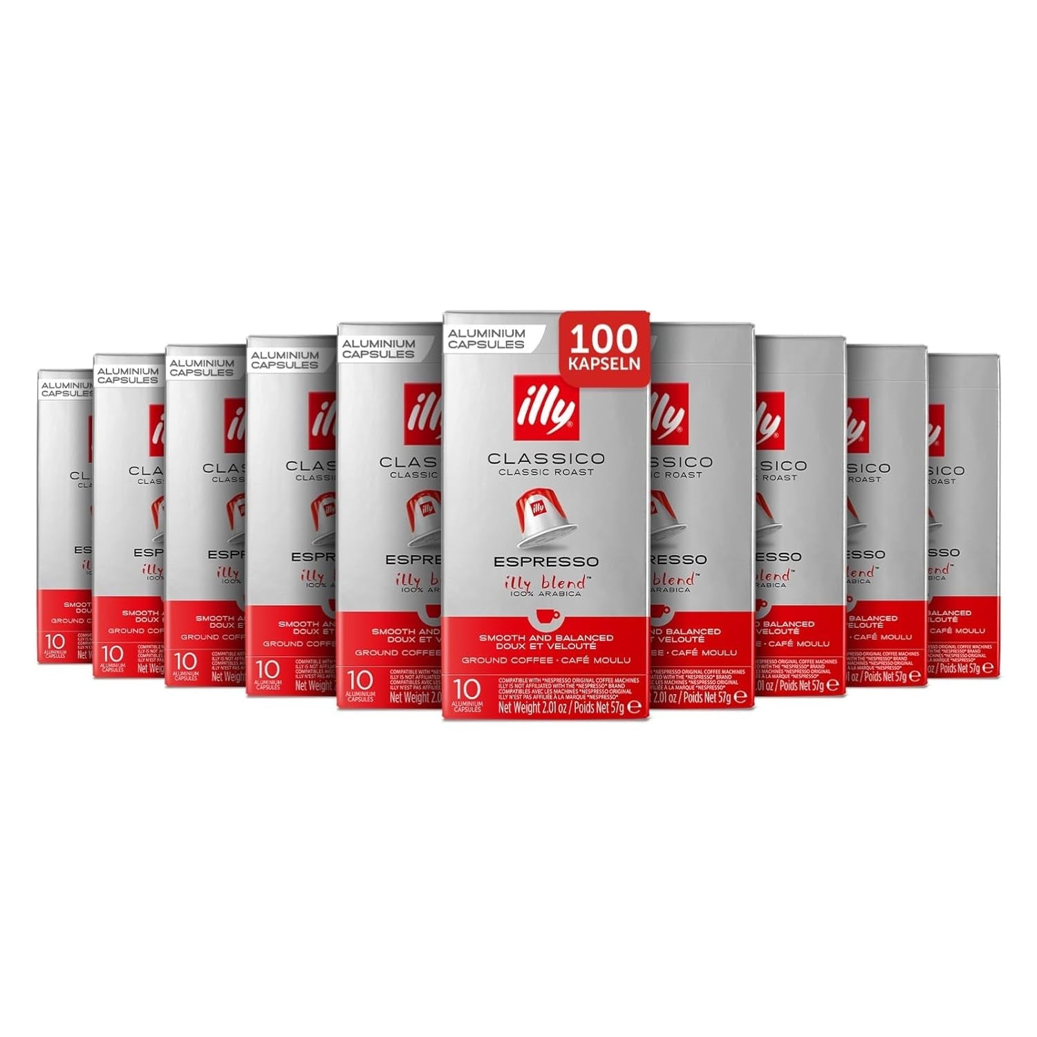 illy, Kompatible Aluminium-Kaffeekapseln CLASSICO, 100 % Arabica mit Noten von Orangenblüten und Jasmin, süßer Geschmack und süßer Nachgeschmack, 10 Packungen à 10 Kapseln (insgesamt 100)