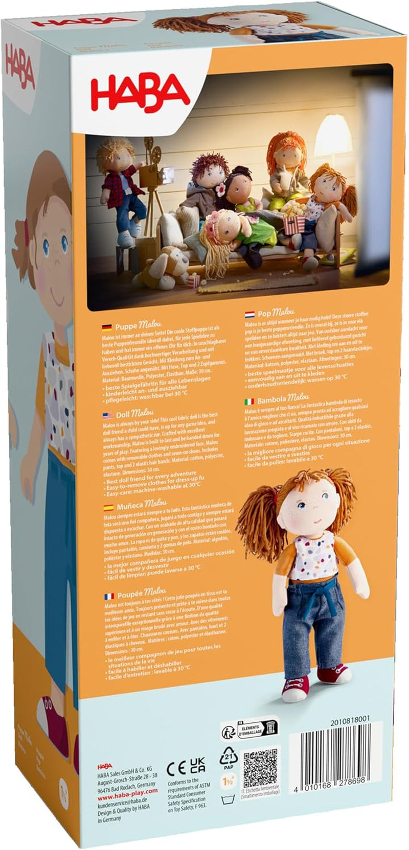 HABA Malou Puppe – 30 cm hohe Kuschelpuppe zum Spielen und Kuscheln – Weiche und waschbare Materialien – Ideale Alternative zu Plüschpuppen – Geeignet für Kinder ab 1,5 Jahren – 2010818001