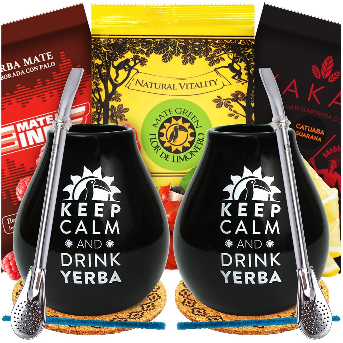 Yerba Mate Teeset für Zwei 150G | Mate-Tee mit Guarana und Früchten | Loseblatt-Yerba-Mate-Tee | Schwarzer, mattierter Keramikbecher 350 ml | Stahlstroh Bombilla Liza 19 cm