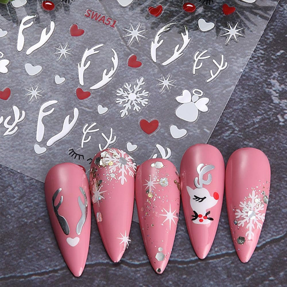Cartoon-Schneeflocken-Nagelaufkleber, Weihnachts-Nagelaufkleber, selbstklebend, Weihnachts-Nageldesigns, Nagelkunst, Hirsch, Schneeflocken, Weihnachts-Nagelaufkleber, Winter-Nagelzubehör