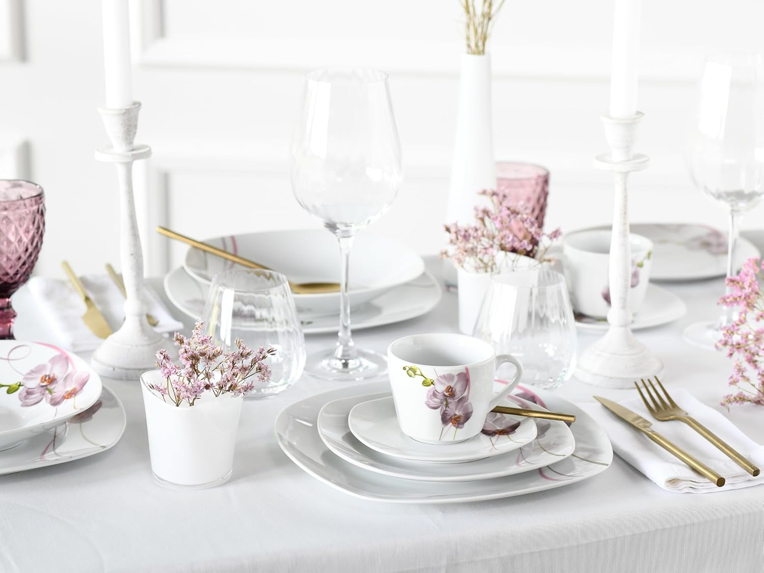 CreaTable, 24024, Serie „Square Orchid“, 18-teiliges Tafelservice für 6 Personen, Kaffeeservice aus Porzellan, spülmaschinen- und mikrowellengeeignet, hochwertige Herstellung
