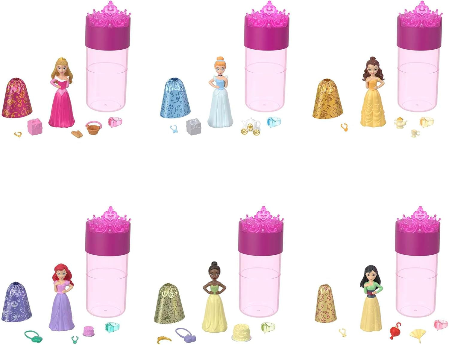 Disney Princess Color Reveal – 6 wasseraktivierte Überraschungspuppen, Zubehör, für Kinder ab 3 Jahren, Arielle, Tiana, Mulan, Aschenputtel, Belle, Aurora, HPX39