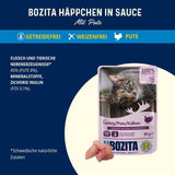 Bozita Beutel Nassfutter mit Stücken in Soße und Truthahn – 12 Portionsbeutel x 85 g Getreide- und weizenfreies Katzenfutter – Nassfutter für ausgewachsene Katzen mit 8,5 % Protein und 4,5 % Fett