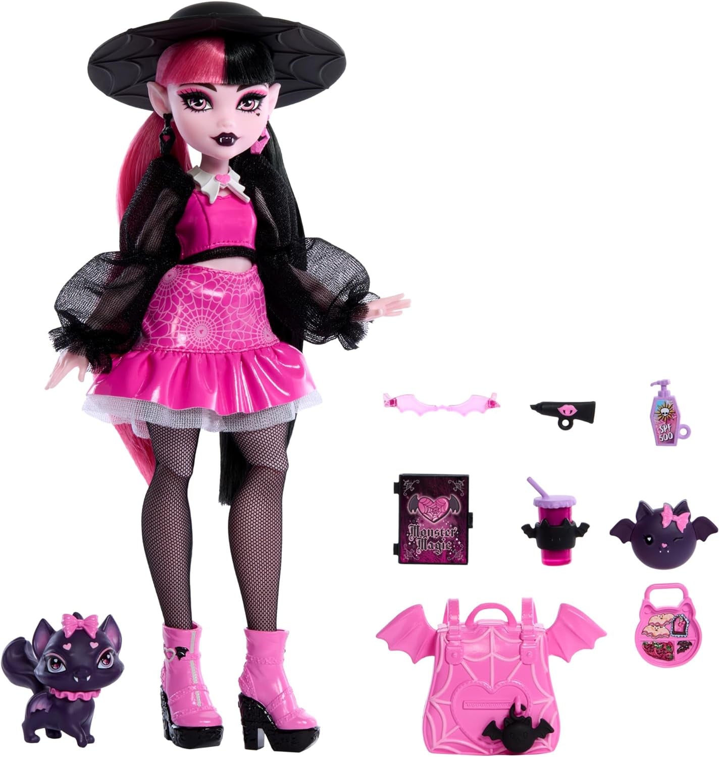 Monster High Draculaura-Puppe mit ihrem Haustier, der Fledermauskatze Count Fabulous, und Zubehör wie einem Rucksack, einem Zauberbuch, einer Bento-Box und mehr, HRP64