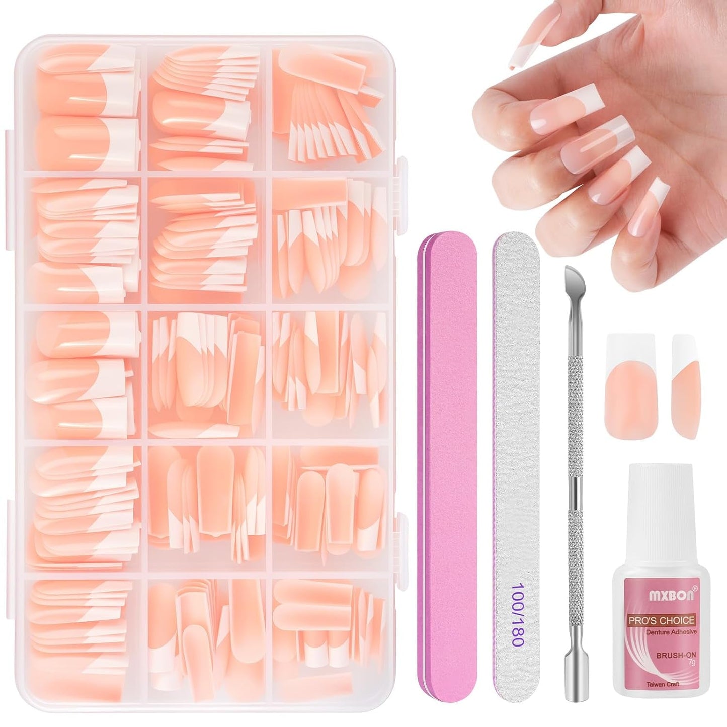 240-teiliges Set mit künstlichen Nagelspitzen, French Press On False Nails, Press On French Nails, 12 Größen, Fake Nails mit Kleber für Damen und Herren (Nude White Medium Almond)