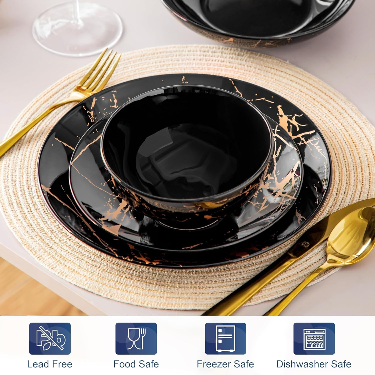 LOVECASA Daphne-Serie Porzellan-Geschirrset SWEET, 24-teiliges Kombinationsset, goldene Design-Speiseteller, Dessertteller, Müslischalen und Speiseteller für 6 Personen