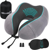 WELLGRO Nackenkissen-Set mit 3D-Schlafmaske und Ohrstöpseln – abnehmbarer Bezug – Memory-Schaum – Reißverschluss – inklusive Aufbewahrungstasche – Reisekissen – Farbe wählbar, Farbe: Grau. Orthopädische Halskissen von Naty Shop