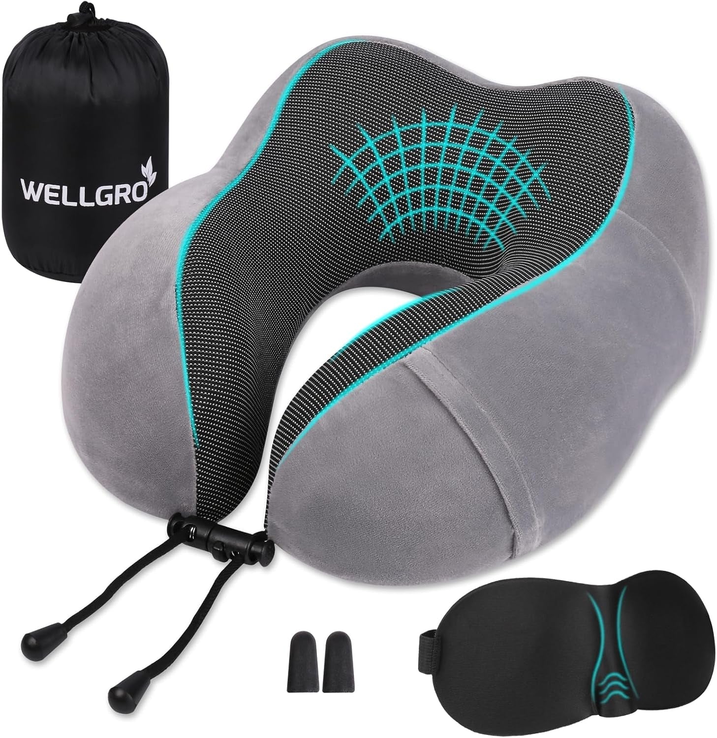 WELLGRO Nackenkissen-Set mit 3D-Schlafmaske und Ohrstöpseln – abnehmbarer Bezug – Memory-Schaum – Reißverschluss – inklusive Aufbewahrungstasche – Reisekissen – Farbe wählbar, Farbe: Grau. Orthopädische Halskissen von Naty Shop
