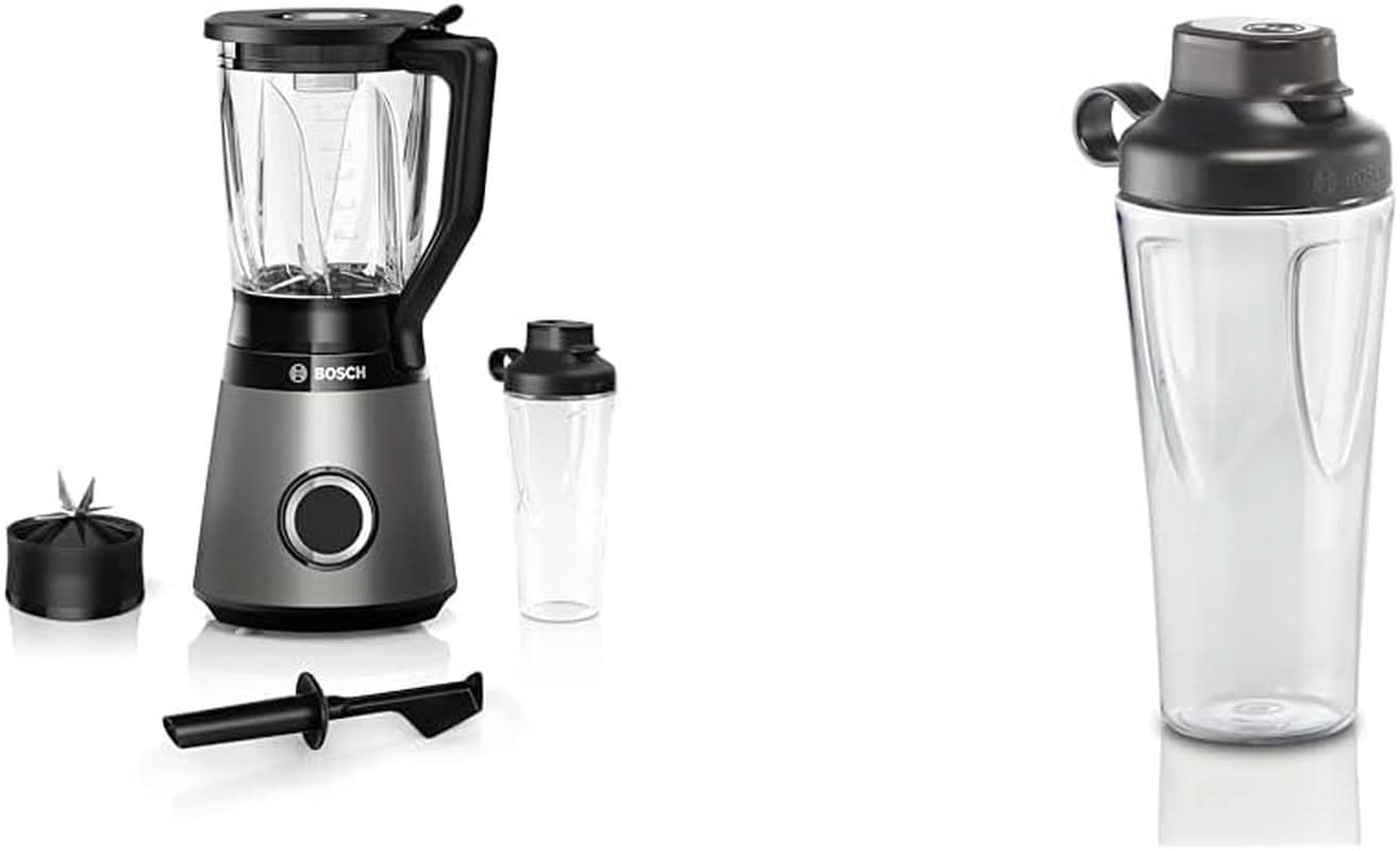 Bosch Standmixer Vitapower Serie 4 MMB6174SN, Verbesserte Version, Hochwertige Edelstahl-Klingen, 1,5L Glasbehälter, 0,6L To-Go-Flasche, Spülmaschinenfeste Teile, 30,000 U/Min, 1200 W, Silber Bucatarie Naty Shop Bundle Mit Flasche 0,6 L 2-In-1, Neu Mit 10 Jahre Motorgarantie