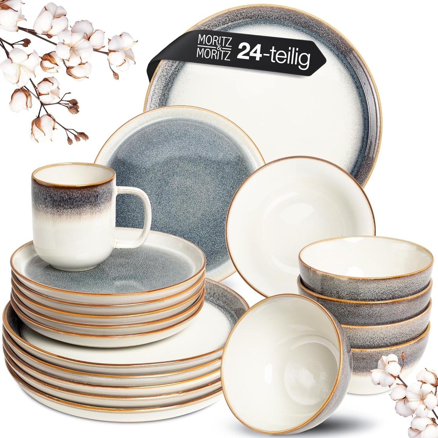Moritz & Moritz TARENTO 24-teiliges Tafelservice für 6 Personen, Grau – Elegantes Tellerset aus hochwertigem Steingut – Das Tafelservice besteht aus 6 Speisetellern, 6 Desserttellern, 6 Speisetellern und 6 Tassen