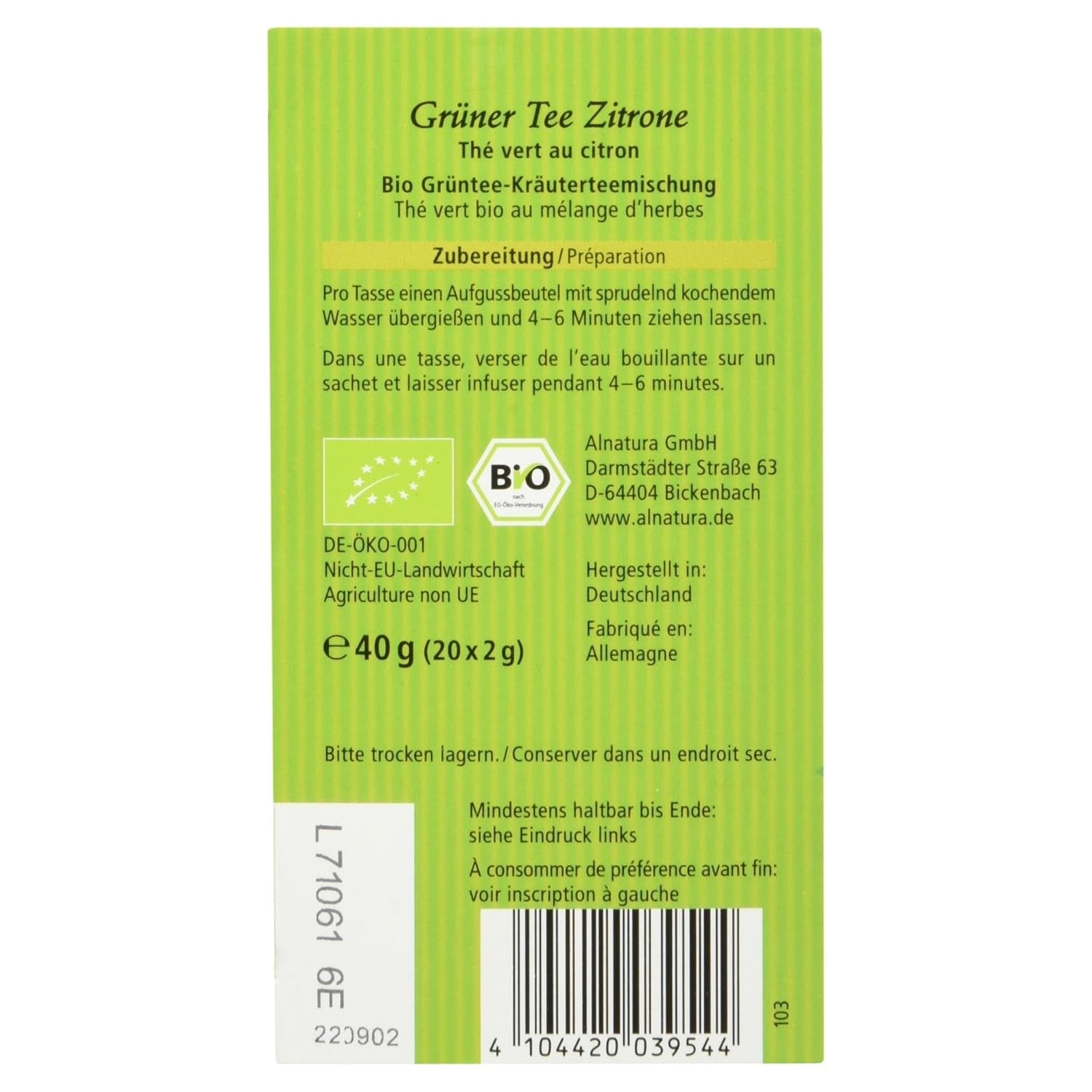 Bio-Grüntee mit Zitrone, 20 Beutel, 40 g