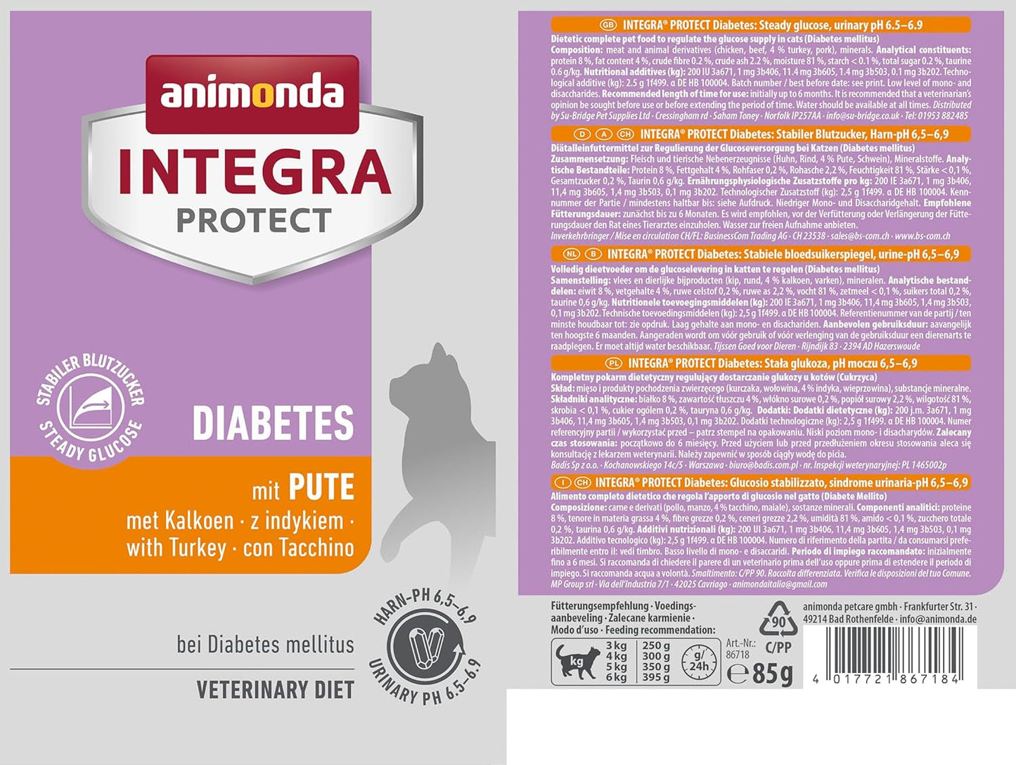 Animonda INTEGRA PROTECT Nassfutter für diabetische Katzen mit Putenfleisch (24 x 85 g), von Tierärzten bei Diabetes empfohlen, ein Alleinfuttermittel für ausgewachsene Katzen, gemeinsam mit Tierärzten entwickelt.