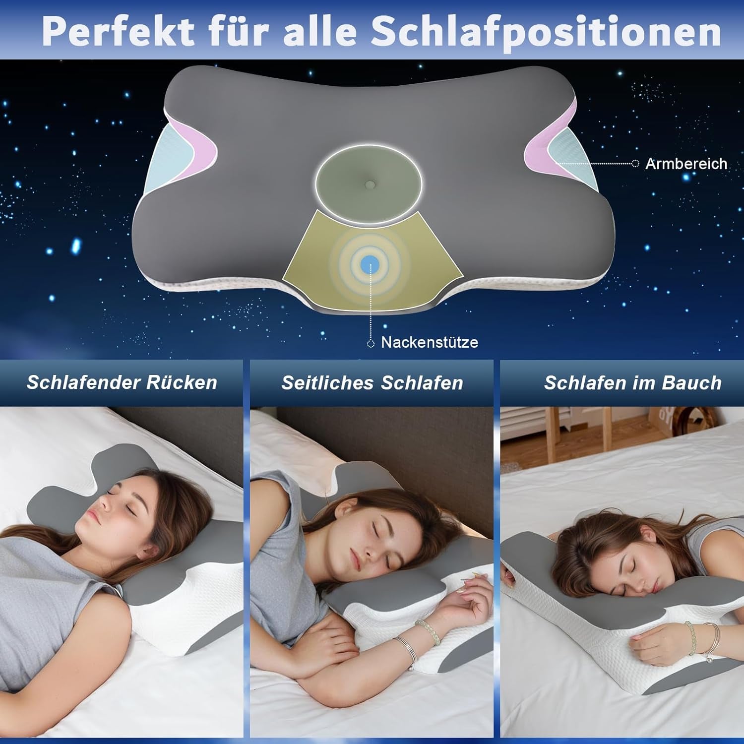 Memory-Schaum-Kissen, Nackenkissen, orthopädisches Kissen – ergonomisches Design, hohle Form für Seiten-, Rücken- und Bauchschläfer. Graue orthopädische Nackenkissen von Naty Shop