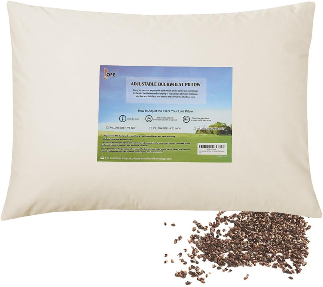 LOFE Bio-Buchweizen-Schlafkissen, 35,6 x 50,8 cm, verstellbar, atmungsaktiv, kühler Schlaf, Halswirbelstütze für Rücken- und Seitenschläfer (Tartary-Buchweizenschalen), Naty Shop Standard-Kissen, cremefarben, mittlere Größe (16–22 Zoll)