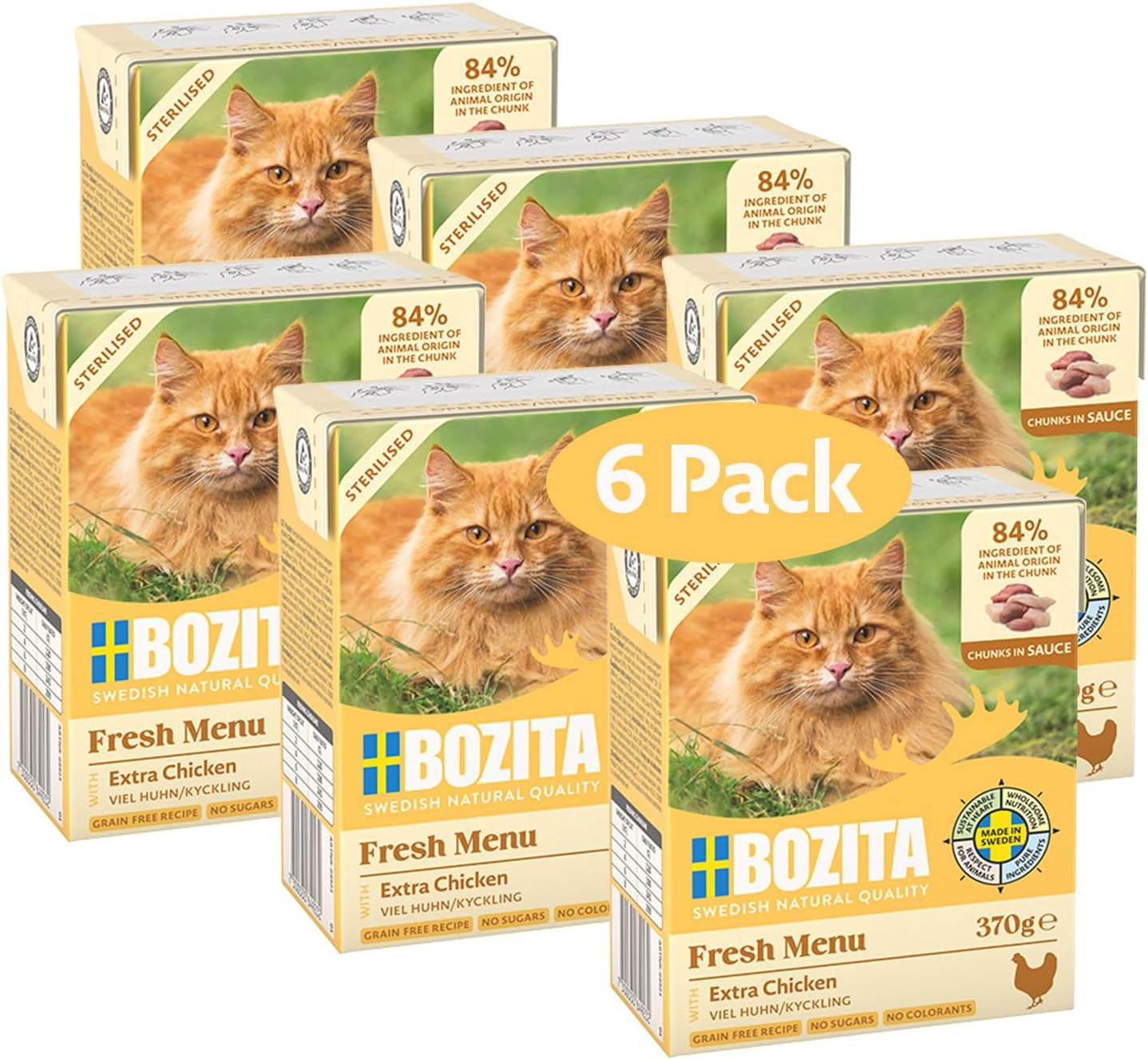 Bozita Tetra sterilisierte Stücke in Sauce mit viel Huhn – 6 x 370 g nasses getreide- und zuckerfreies Katzenfutter – gentechnikfrei, mit 8,5 % Protein und 4,5 % Fett – hochwertig und äußerst lecker