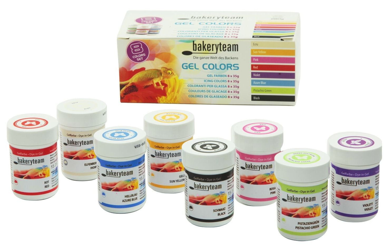 Bakeryteam Gel-Lebensmittelfarben für Fondant, Marzipan, Cupcake, Creme, Kuchen, Torte, Eis, Set (8 x 35 g)