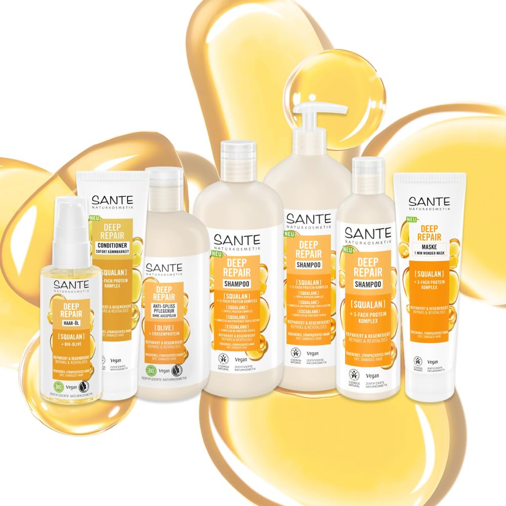 SANTE Natural Cosmetics Deep Repair Mask Squalan + 3x Proteinkomplex, vegane Haarmaske für intensive Feuchtigkeit und flexibles Haar, repariert und regeneriert geschädigtes Haar, 150 ml Naty Shop Haarmaske