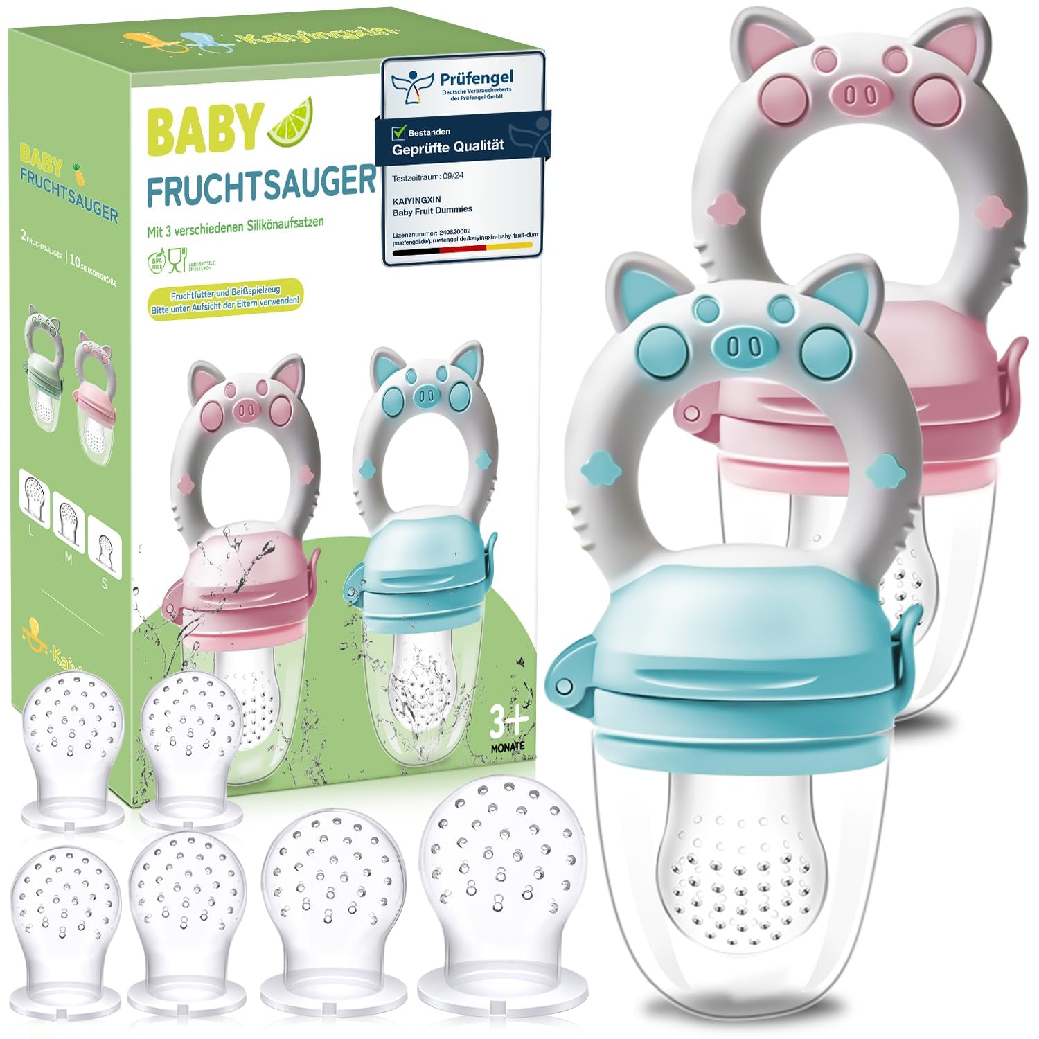 Baby-Fruchtschnuller, 2er-Pack Fruchtschnuller für Babys ab 3 Monaten, verbesserte Version 2023, befüllbare Schnuller, Brei-Schnuller, Fruchtschnuller für Babys, BPA-frei, 8 Silikonsauger in 3 Größen