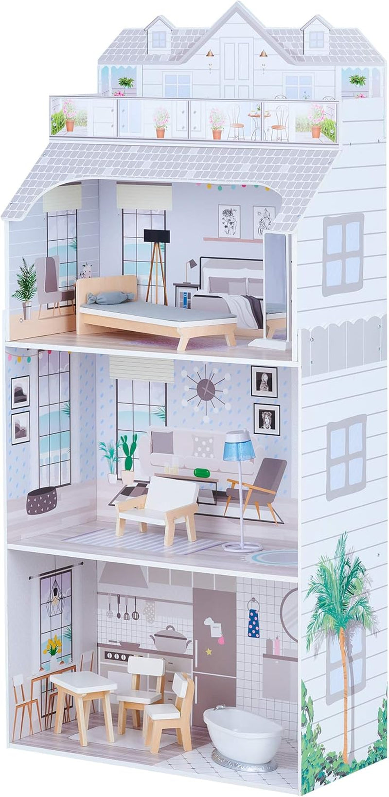 Teamson Kids Olivia's Little World Riesenpuppenhaus mit Möbeln und Zubehör, Puppenhaus aus Holz, 3-stöckiges Spielset für 30-cm-Puppen, ab 3 Jahren