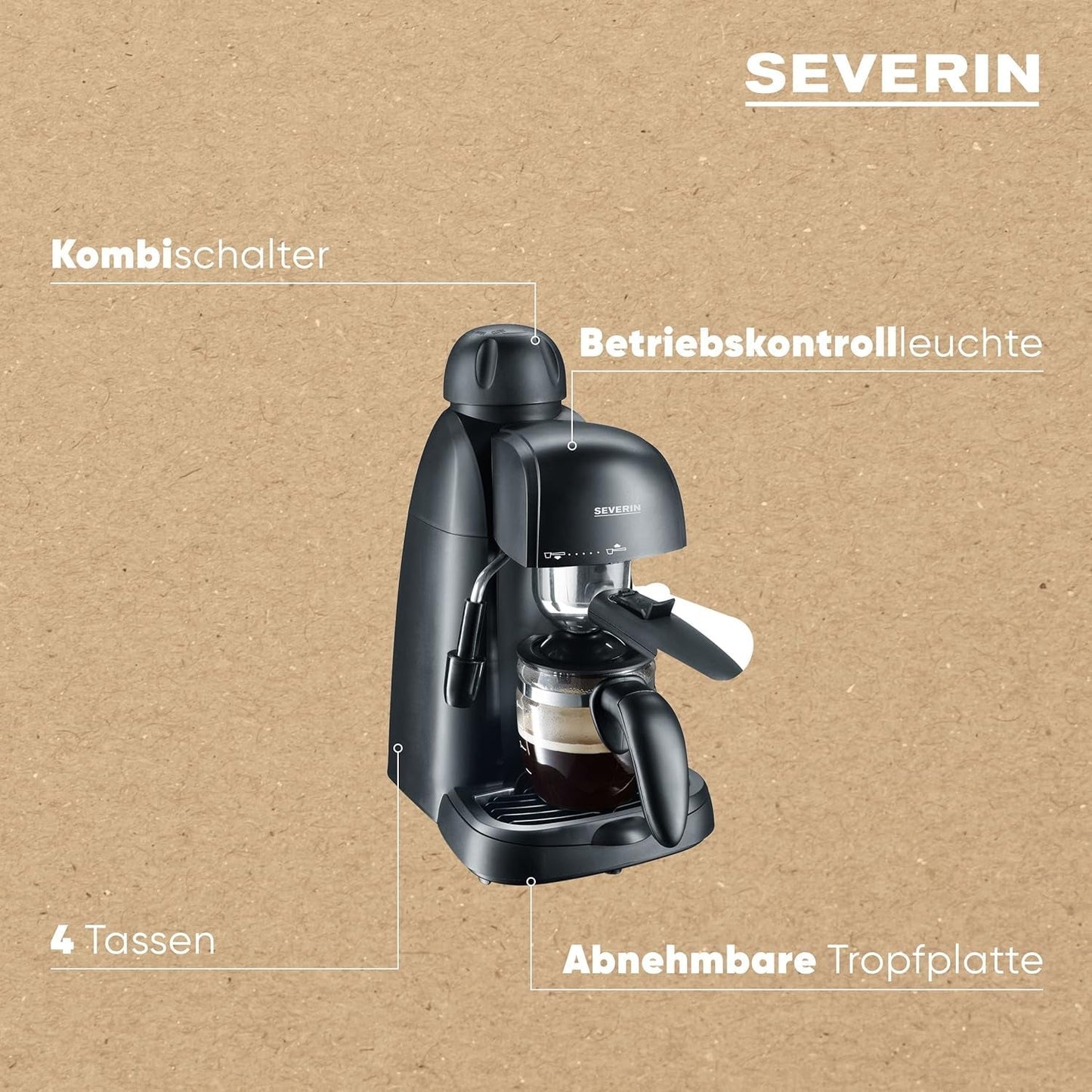 SEVERIN KA 5978 Espressomaschine (inkl. Servierschüssel und Messlöffel, bis zu 4 Tassen) schwarz, Standard