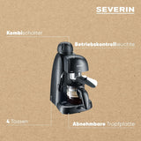 SEVERIN KA 5978 Espressomaschine (inkl. Servierschüssel und Messlöffel, bis zu 4 Tassen) schwarz, Standard