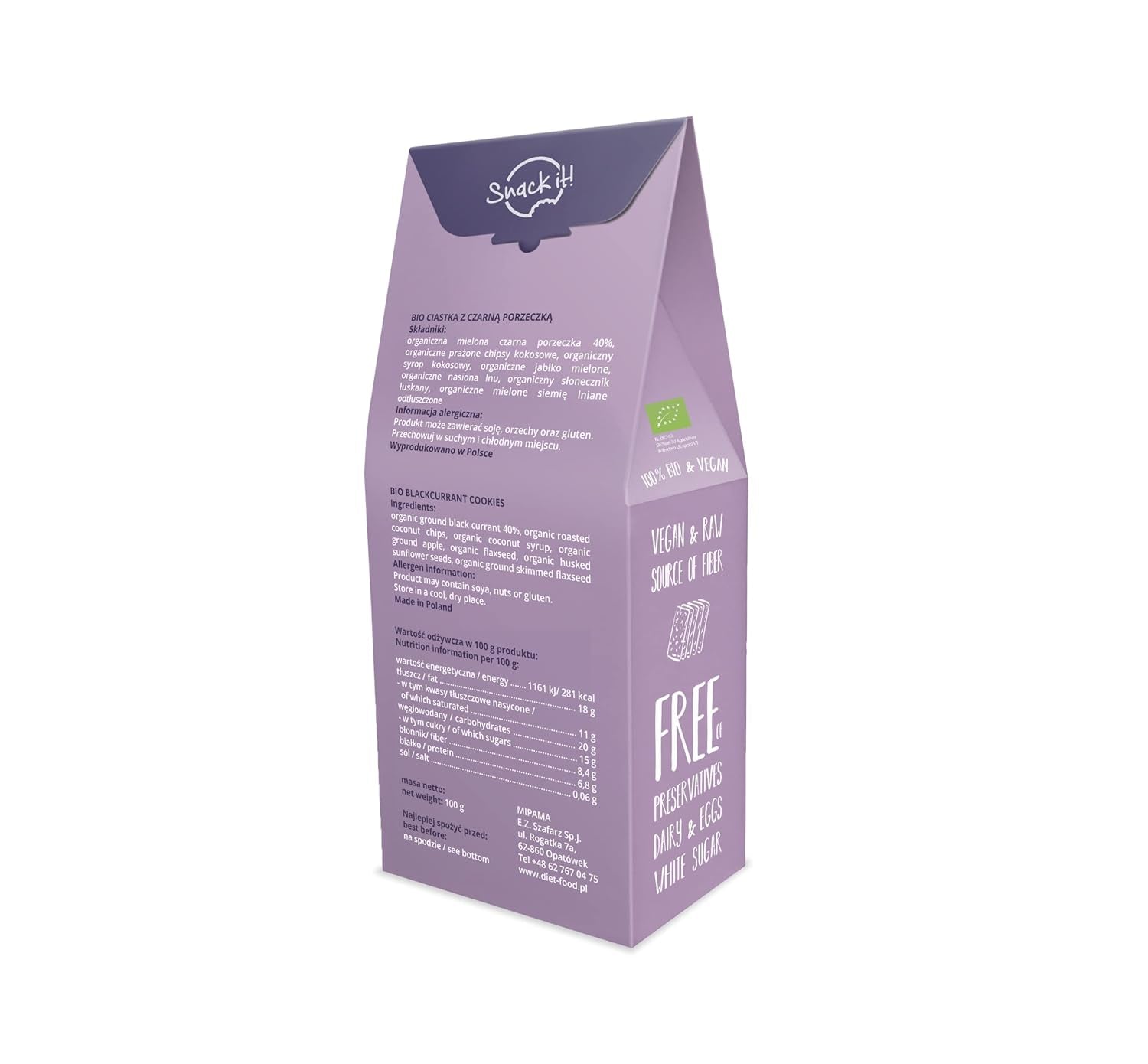 DIET-FOOD RAW Bio-Kekse mit schwarzen Johannisbeeren, gesunder Snack, köstliche Kekse für das Büro, ohne Konservierungsstoffe, 100 g (1 Packung)