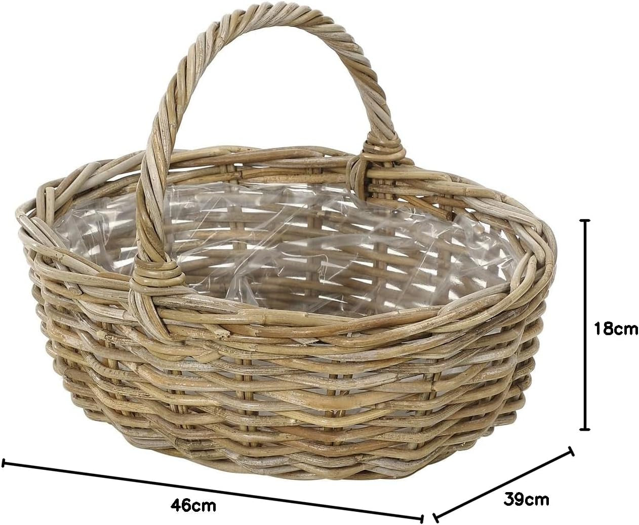 Dehner Rattan-Blumenkorb mit Henkel, ca. 46 x 39 x 18 cm, Rattanstoff, grau/braun