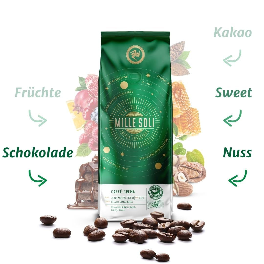Caffè Crema – In Sizilien geröstete Kaffeebohnen – Traditionelles Langzeitröstverfahren mit perfekter Crema, 250g-Beutel, extra niedriger Säuregehalt für Vollautomaten und Siebträger