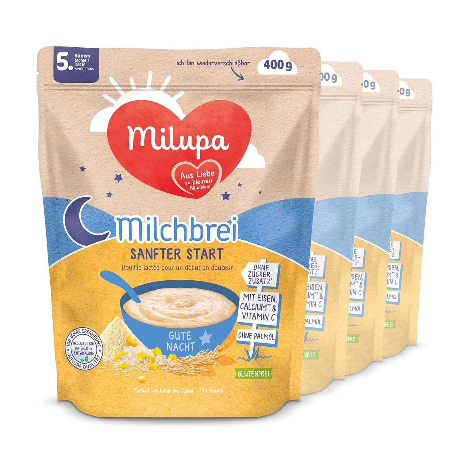 Milchbrei Milupa Gentle Start – Cerealien für Babys ohne Gluten, ohne Palmöl – Ohne Konservierungs- und Farbstoffe – Ab 5 Monaten – 4 x 400 g
