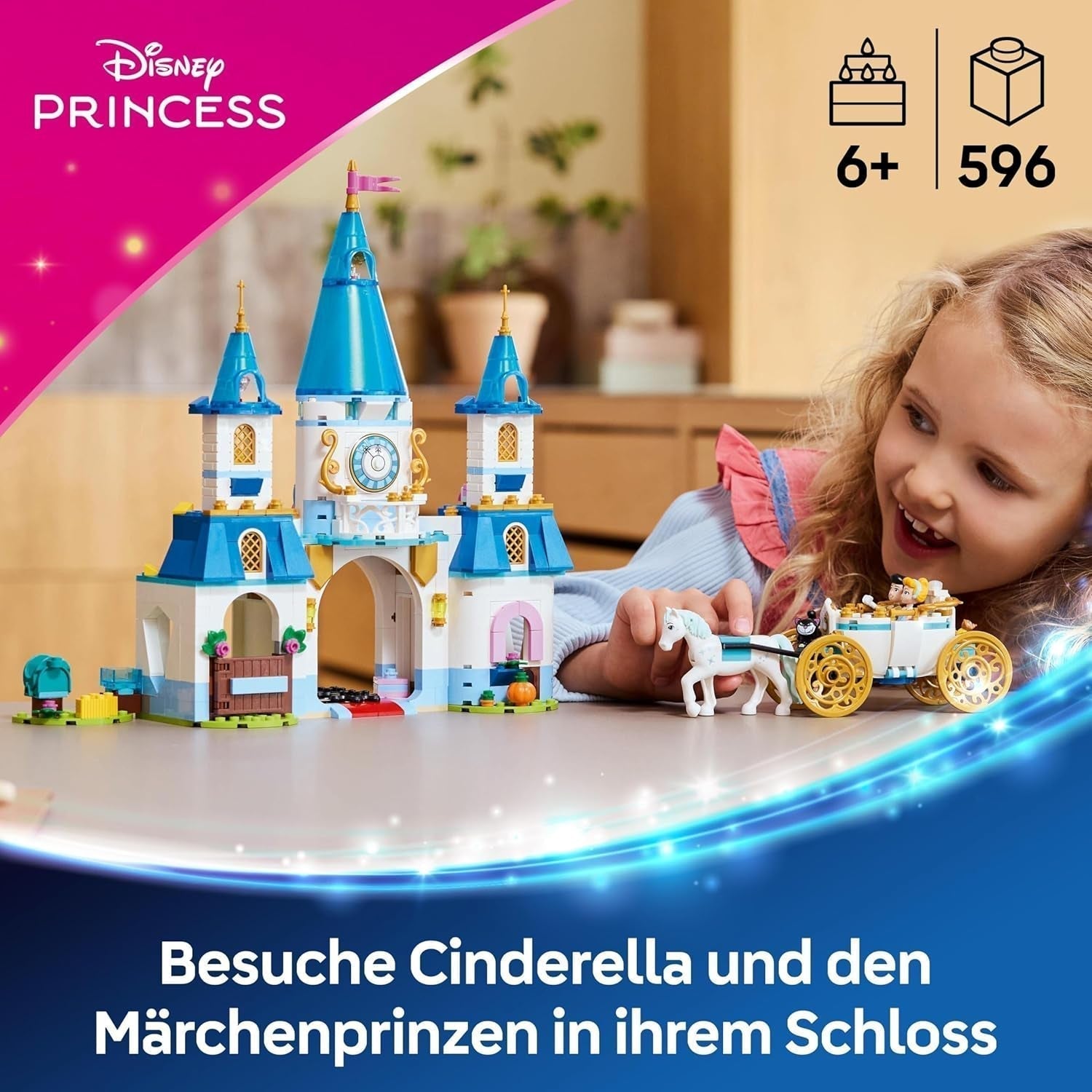 LEGO® Disney Prinzessinnen-Schloss Aschenputtel und Pferdekutsche, Set für Mädchen ab 6 Jahren, fantastisches Spielzeug mit Mini-Puppen Prinzessin Aschenputtel und Prinz Charming, Geschenkidee für Disney-Fans 43275 Bausets Beuche den LEGO-Store
