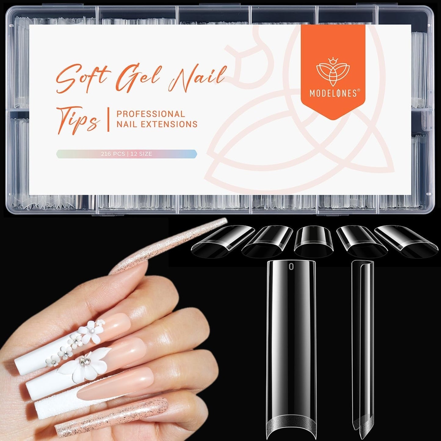Modelones Nagelspitzen 216-teilig – Nagelspitzen-Set mit vollständiger Abdeckung, weiches Gel-Spitzen-Set, vorpolierende PMMA-Harz-Nagelspitzen, DIY-Kleber auf künstlichen Nägeln für Nagelkunst, kurze Mandeln XS