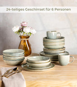 GBhome 6-Personen-Keramikgeschirr-Set, 24-teilig, mit reaktiver Glasur, handgefertigt, mikrowellen- und spülmaschinenfest, Schüssel- und Teller-Set, Desret Sage GDW007GY-24P-EU