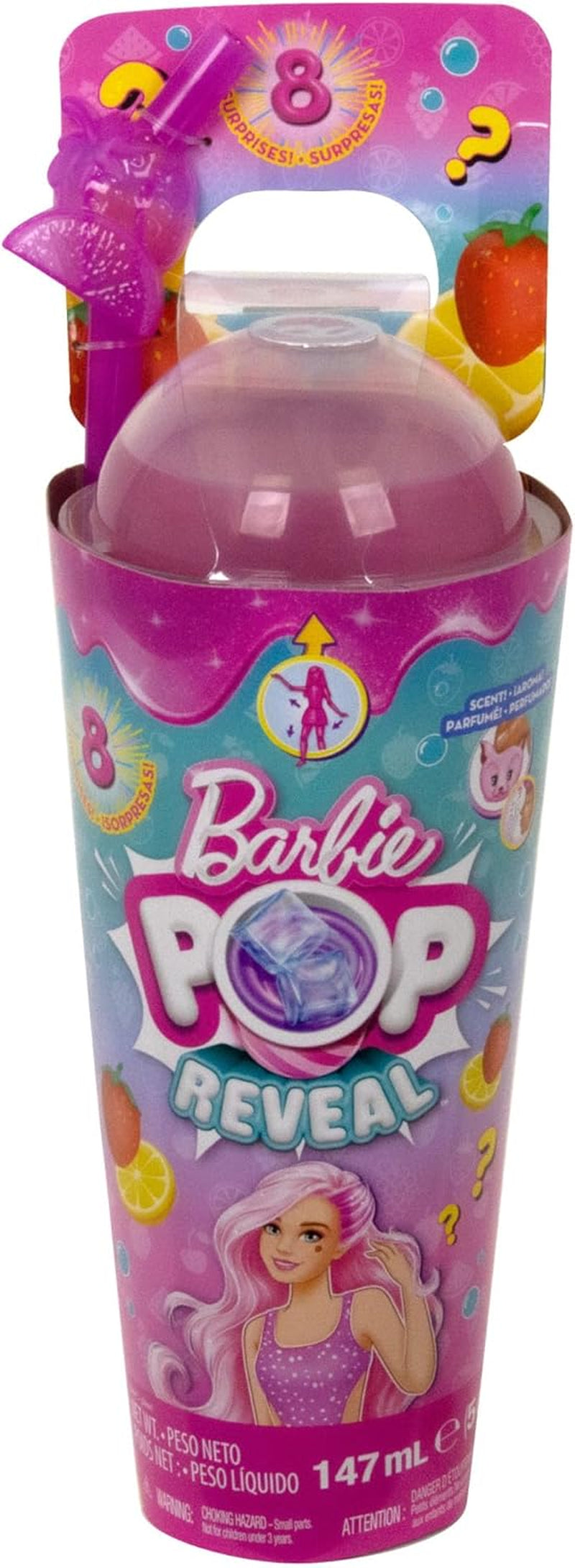 Barbie Pop Reveal Fruit – Überraschungspuppen mit 8 fruchtigen Überraschungen, darunter eine positionierbare, nach Erdbeerlimonade duftende Puppe und ein flauschiger Welpe, ab 3 Jahren, HNW41