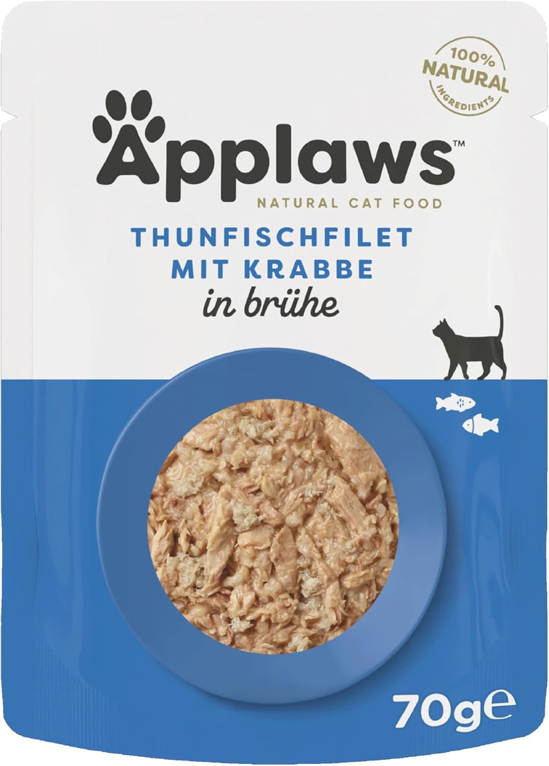 Applaws 100 % natürliches Nassfutter für Katzen, Thunfischfilet mit Krabben in Brühe – Packung mit 12 x 70 g Beuteln