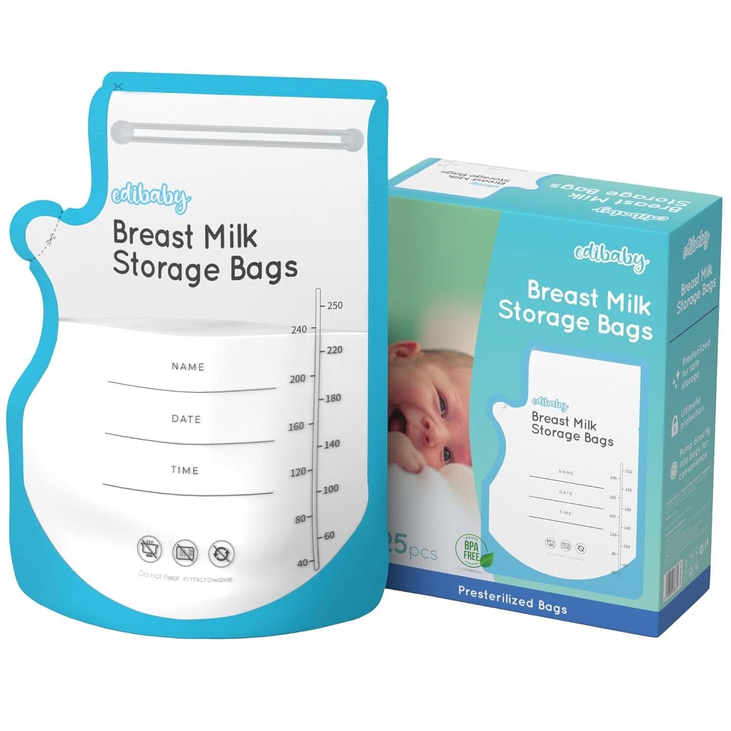 Edibaby, Beutel für Muttermilch, 100 Stück, sterilisiert, ohne BPA Zubehör Lebensmittel und Stillen Bebe Naty Shop