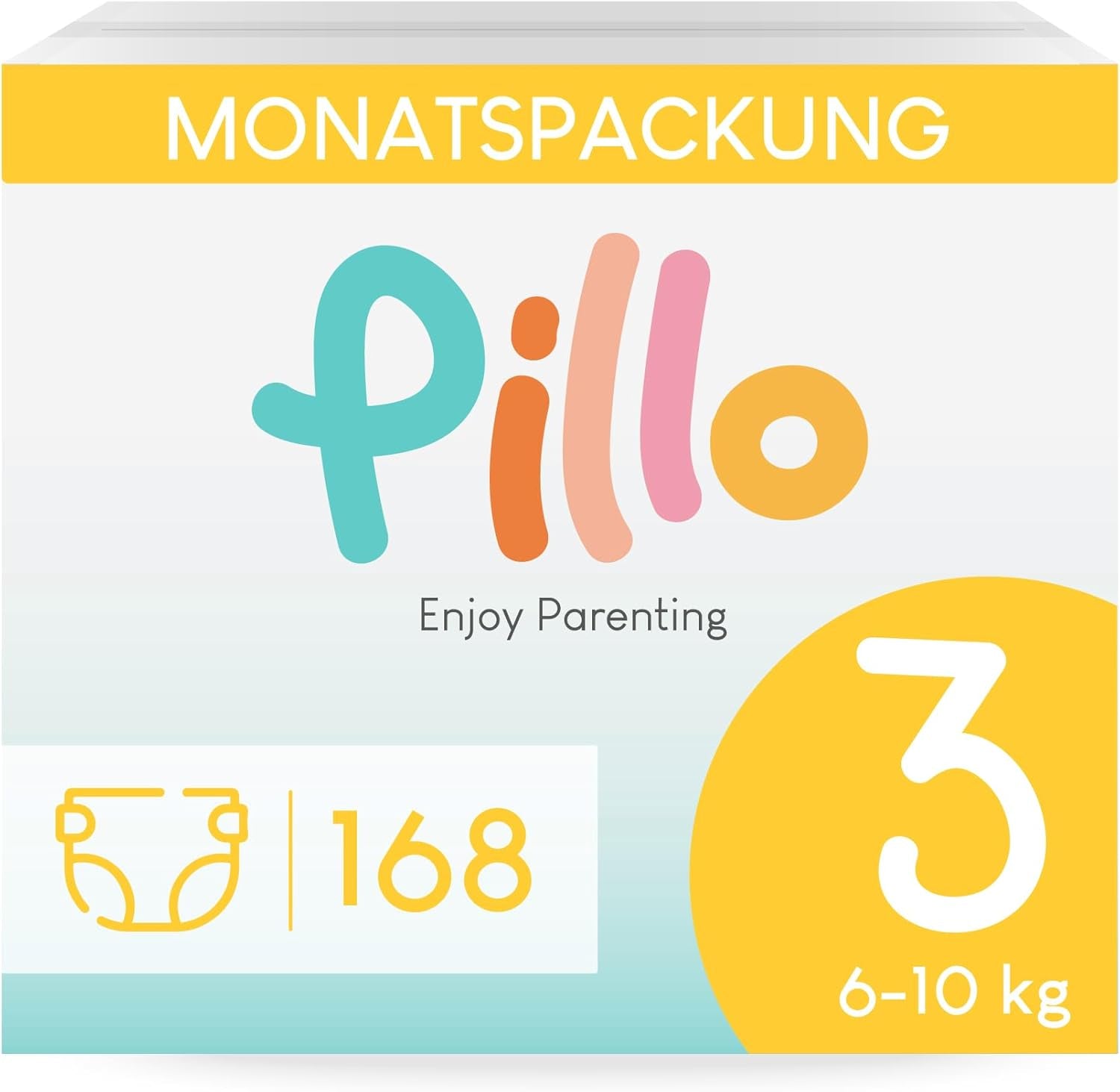 Windeln Pillo 3 – Box mit 168 Windeln, 6 Packungen mit je 28 Windeln, Größe 3 – Midi (6–10 kg) – Windeln für Babys