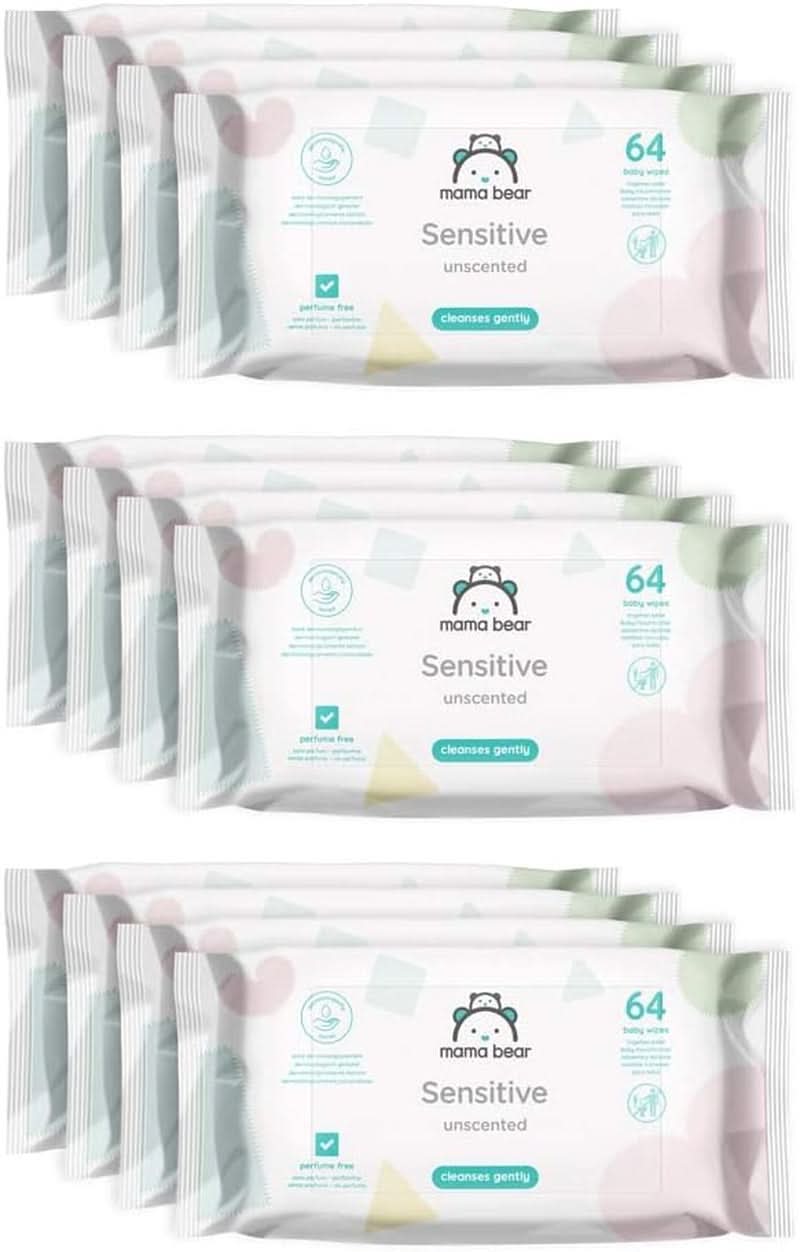Naty Shop Mama Bear Sensitive Baby-Feuchttücher, parfümfrei, 64 Stück (12 Stück)