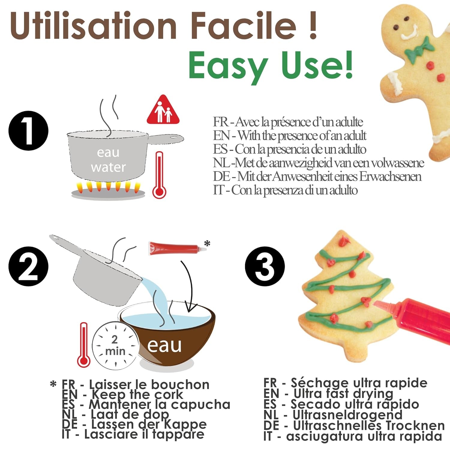 Scrapcooking – Set mit 4 weihnachtlichen Schokoladen-Buntstiften – Braun, Weiß, Grün und Rot – Essbare Farbe – Lebensmittelfarbe zum Schreiben – Schreiben und Zeichnen auf Desserts, Kuchen und Keksen – 7060