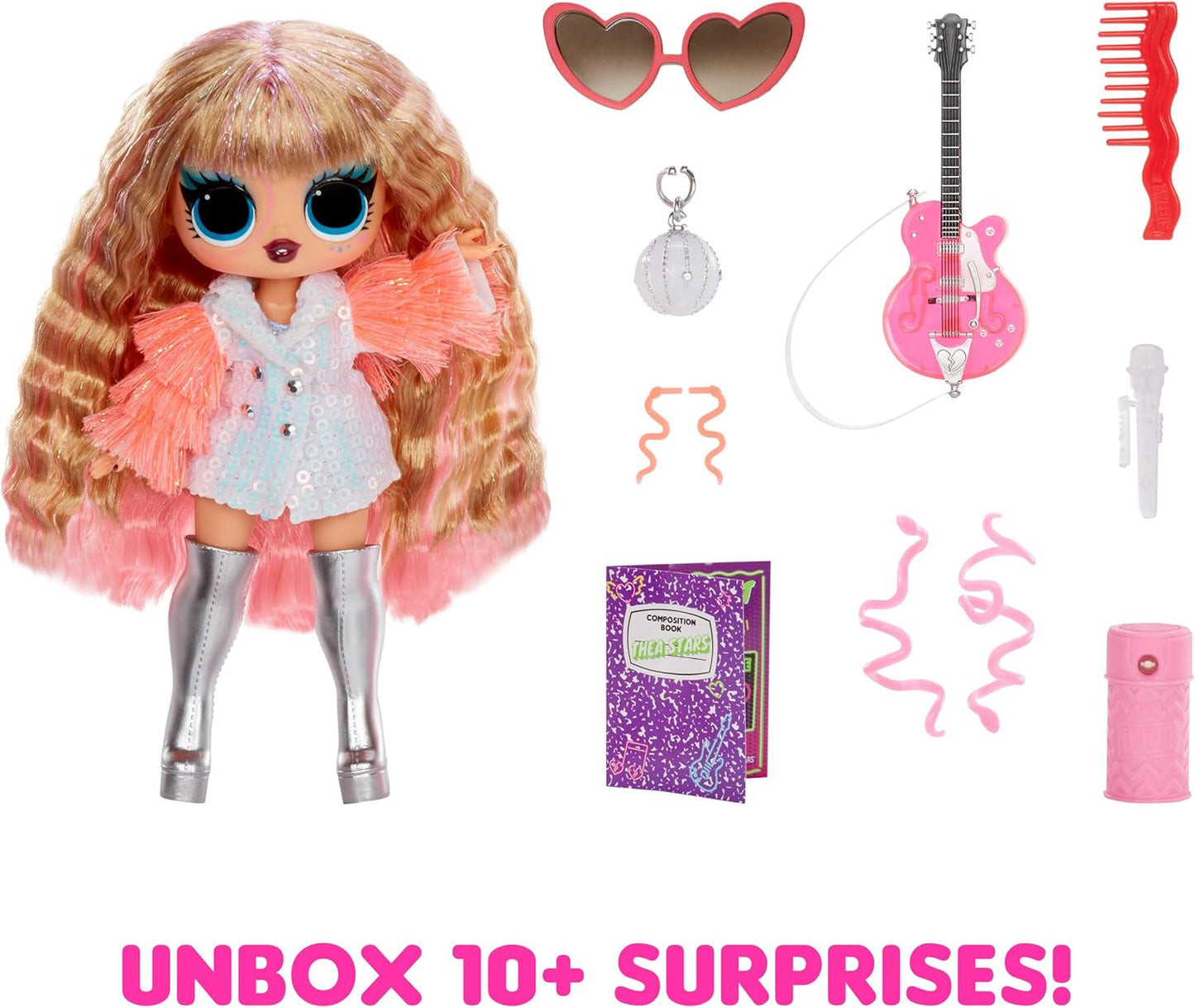 LOL Überraschung! Tweens Neon Pop Stars – Thea Stars – 1 Modepuppe mit hintergrundbeleuchteten Überraschungen und über 10 Popstar-Kleidung und -Accessoires, darunter ihre pinkfarbene Gitarre, Geschenk für Kinder ab 4 Jahren