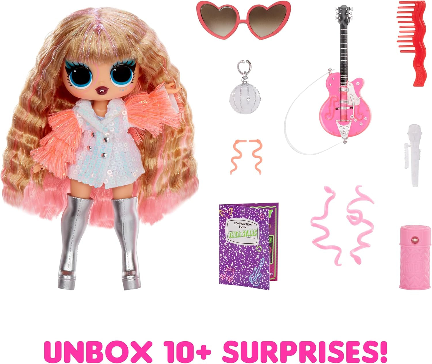 LOL Überraschung! Tweens Neon Pop Stars – Thea Stars – 1 Modepuppe mit hintergrundbeleuchteten Überraschungen und über 10 Popstar-Kleidung und -Accessoires, darunter ihre pinkfarbene Gitarre, Geschenk für Kinder ab 4 Jahren